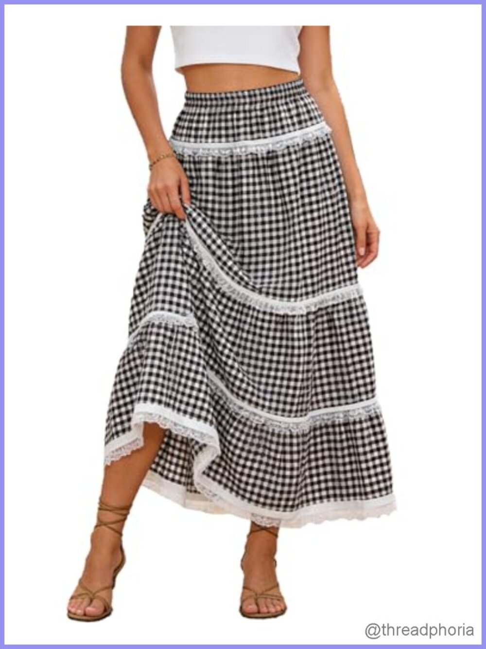 Women's Gingham Plaid Maxi Skirt High Waisted Tiered Long Skirts A-line